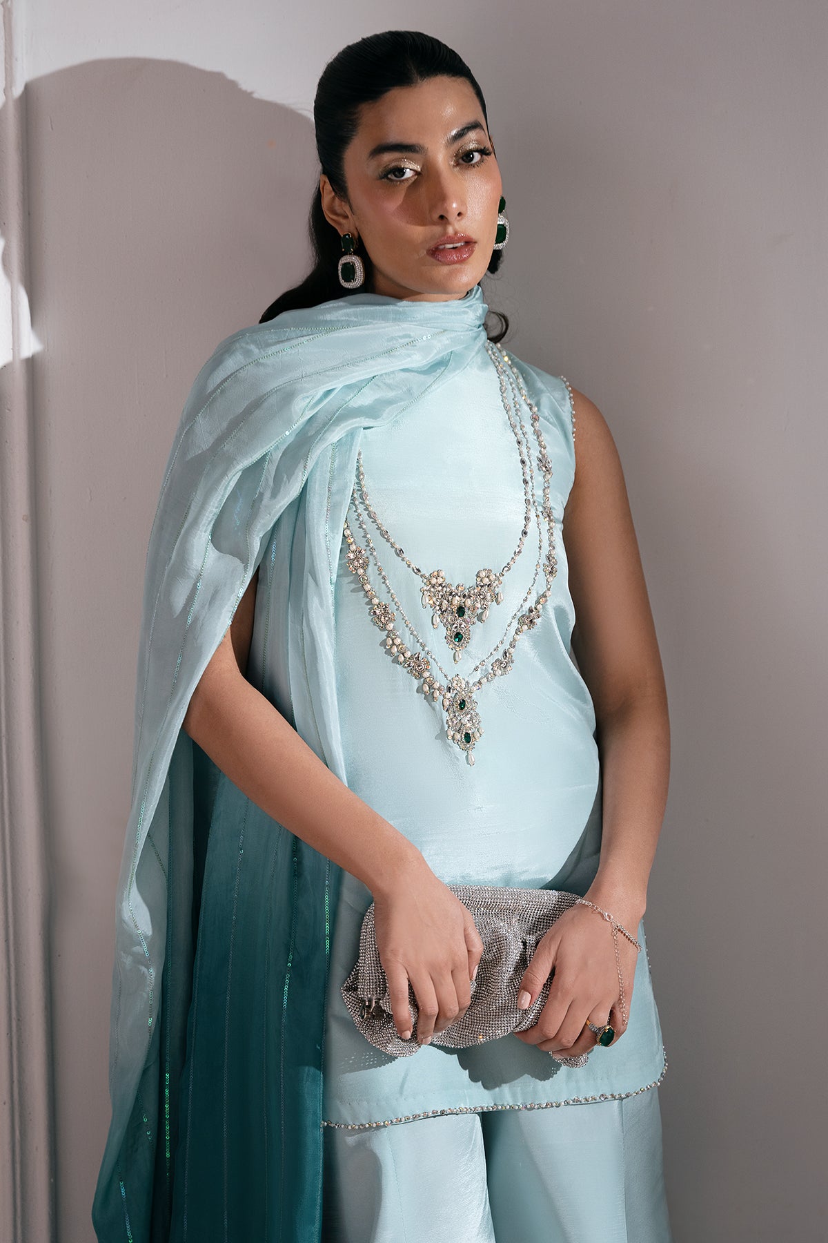 Ice Blue Embellished Roman Silk Salwar Kameez (3-Piece) - Image 3