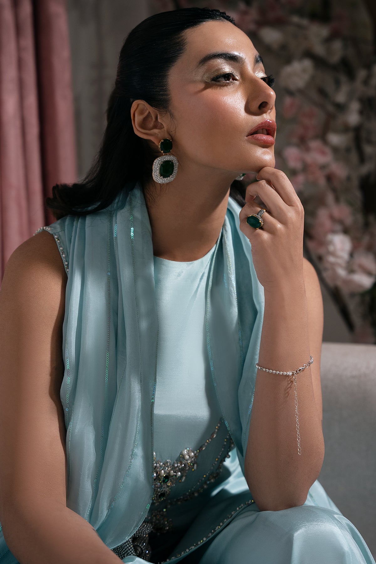 Ice Blue Embellished Roman Silk Salwar Kameez (3-Piece) - Image 4