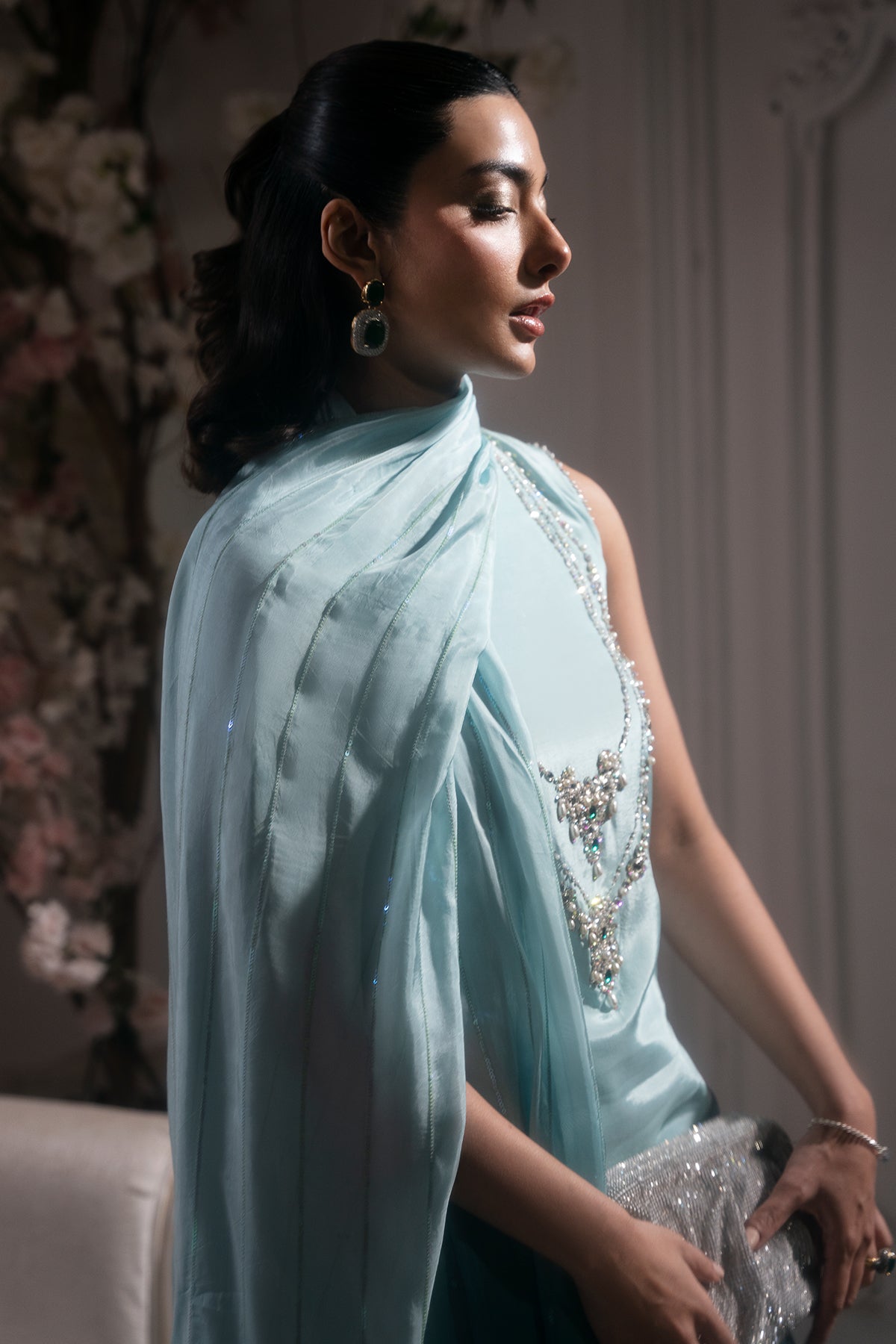 Ice Blue Embellished Roman Silk Salwar Kameez (3-Piece) - Image 5