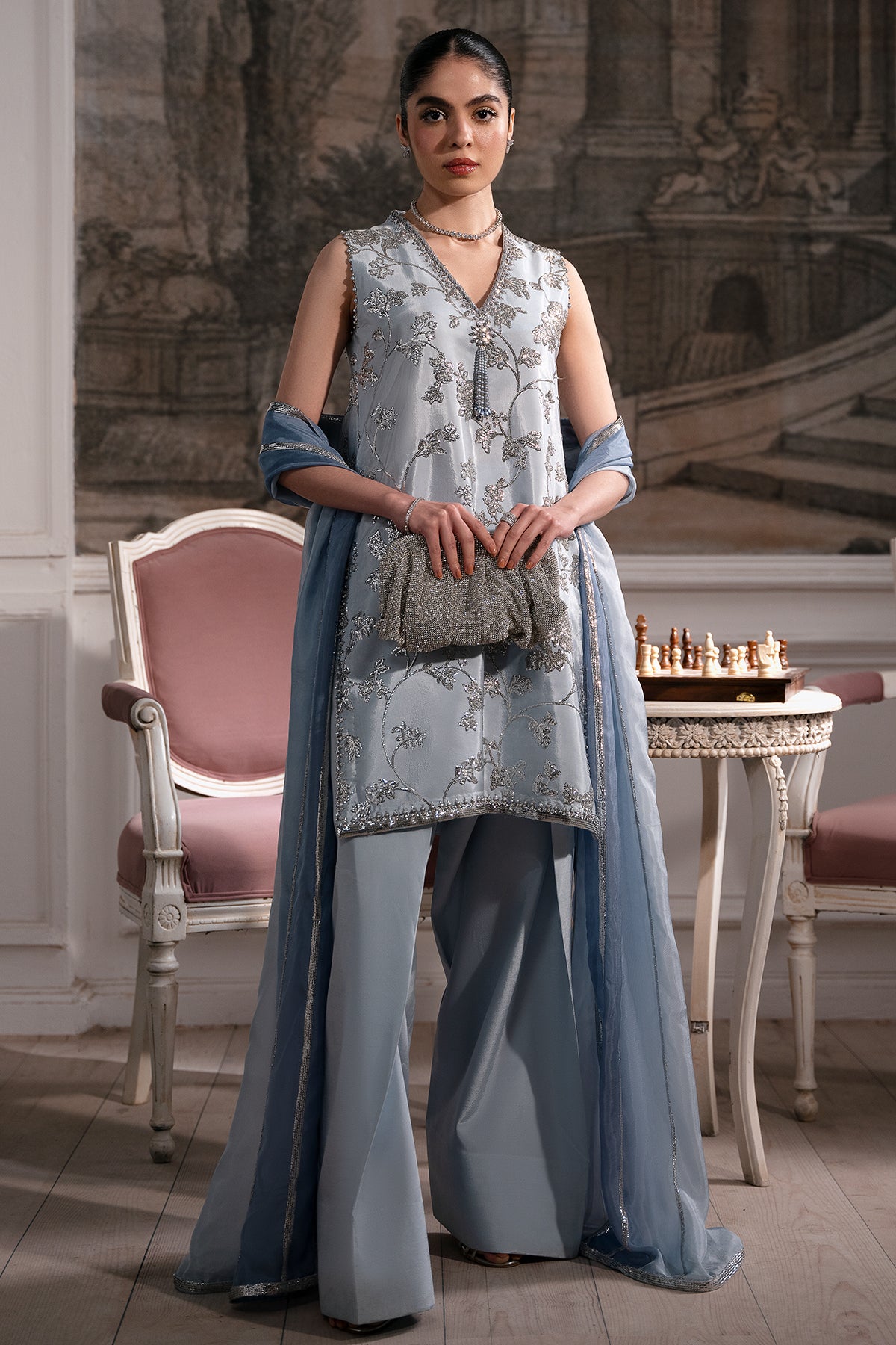 Powder Blue Embellished Roman Silk Salwar Kameez (3-Piece) - Image 1