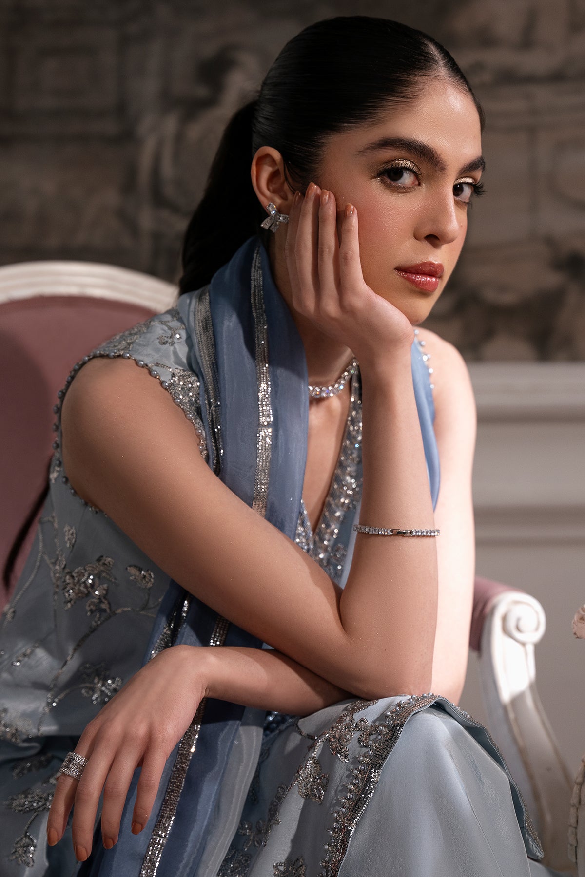 Powder Blue Embellished Roman Silk Salwar Kameez (3-Piece) - Image 2