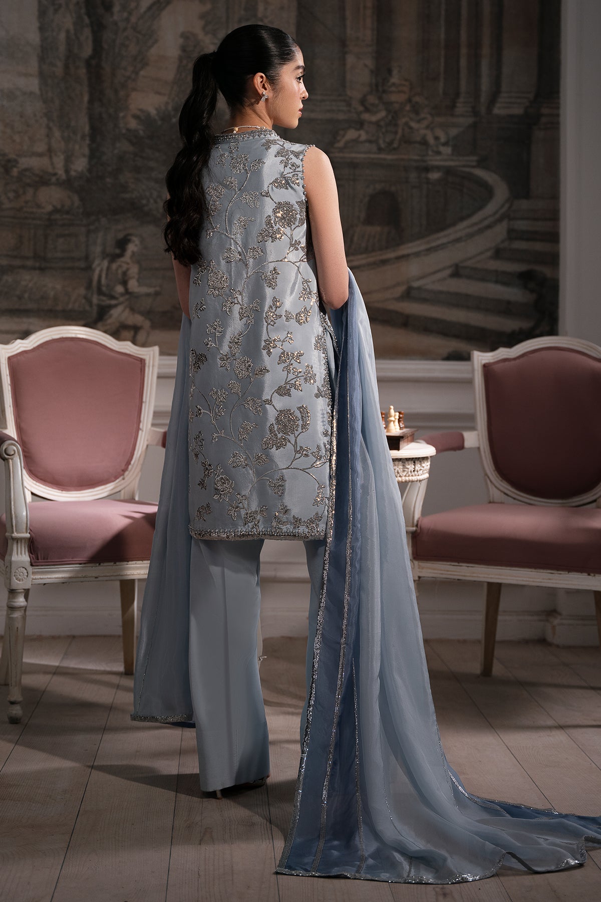 Powder Blue Embellished Roman Silk Salwar Kameez (3-Piece) - Image 3