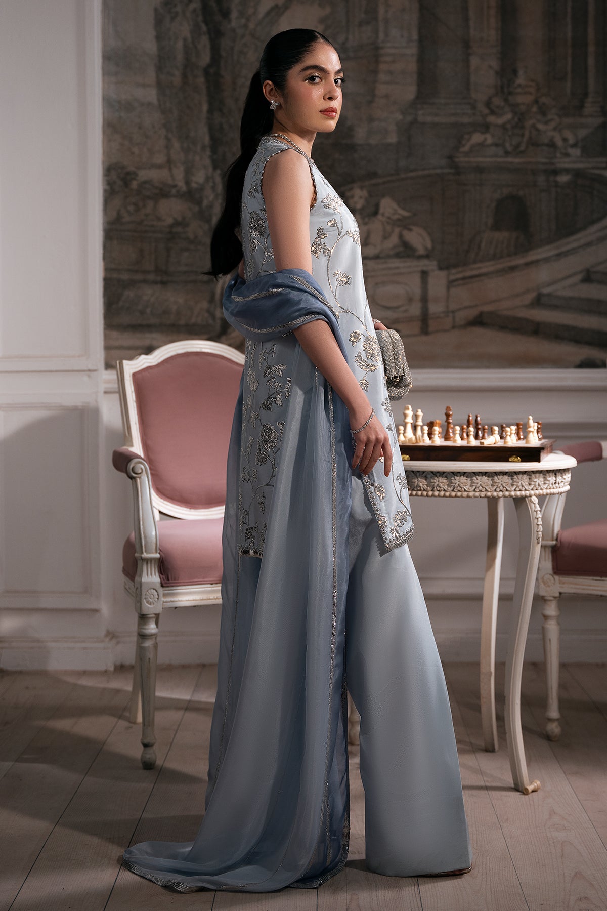 Powder Blue Embellished Roman Silk Salwar Kameez (3-Piece) - Image 4