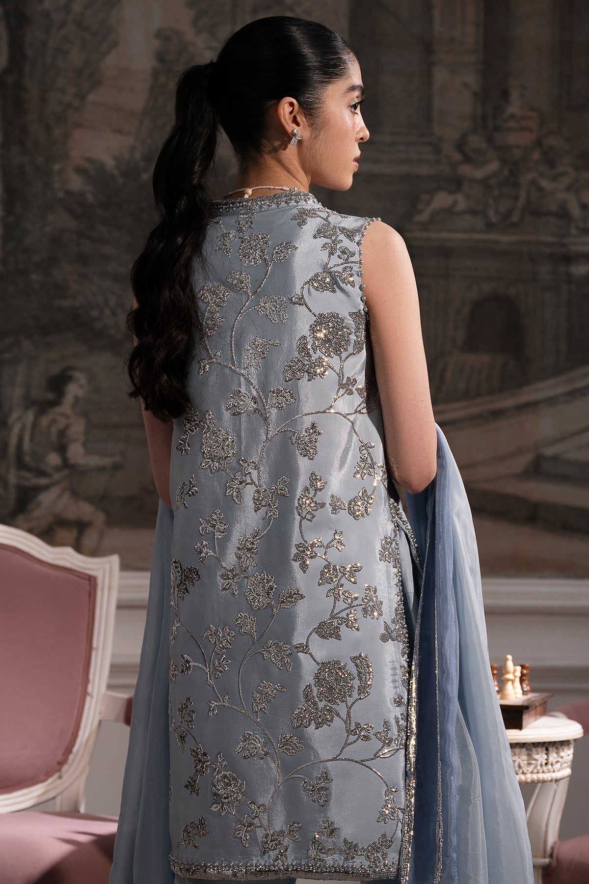 Powder Blue Embellished Roman Silk Salwar Kameez (3-Piece) - Image 6