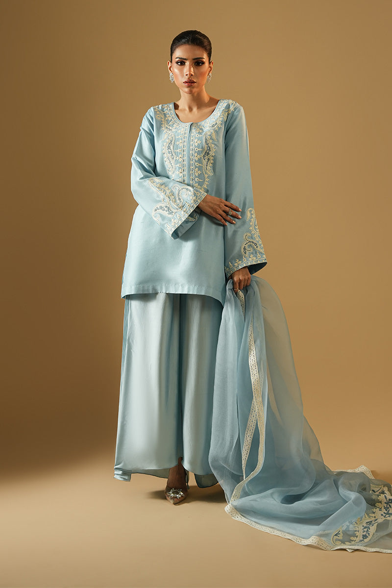 Pakistani Powder Blue Aari Embroidered Satin Silk Salwar Kameez (3-Piece) - Image 1