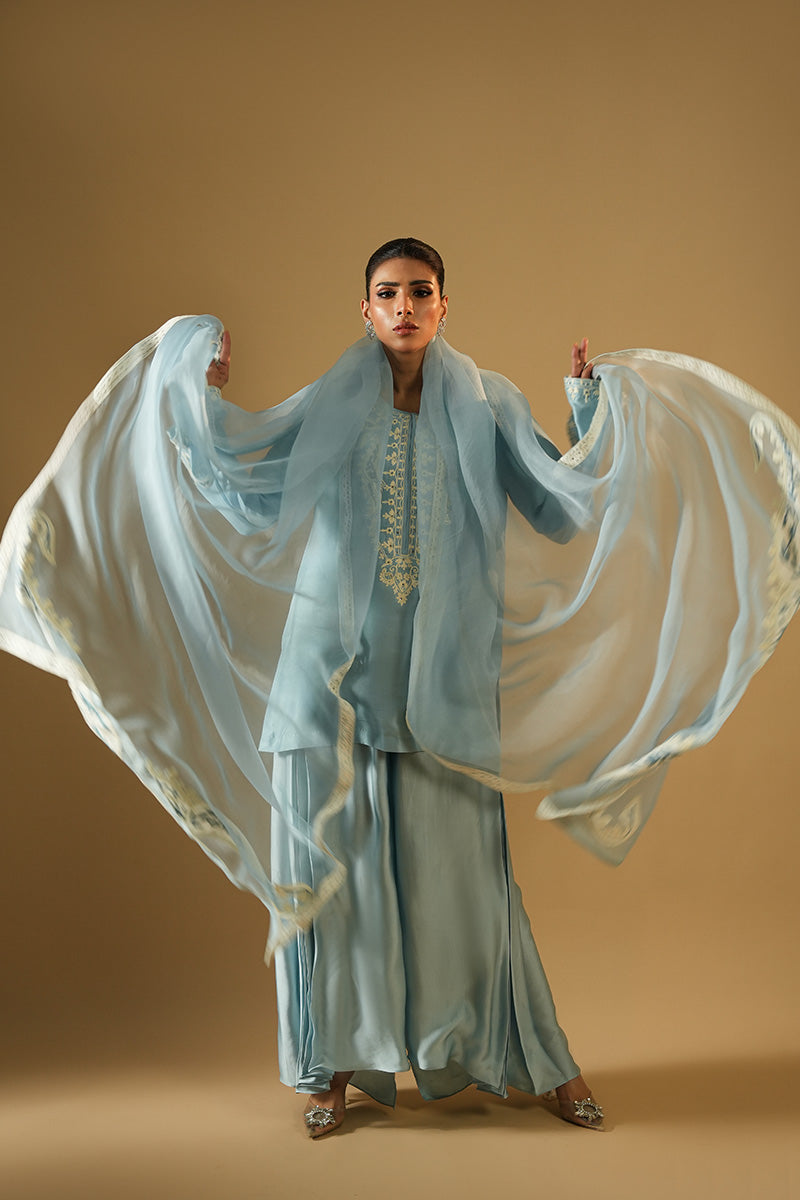 Pakistani Powder Blue Aari Embroidered Satin Silk Salwar Kameez (3-Piece) - Image 3
