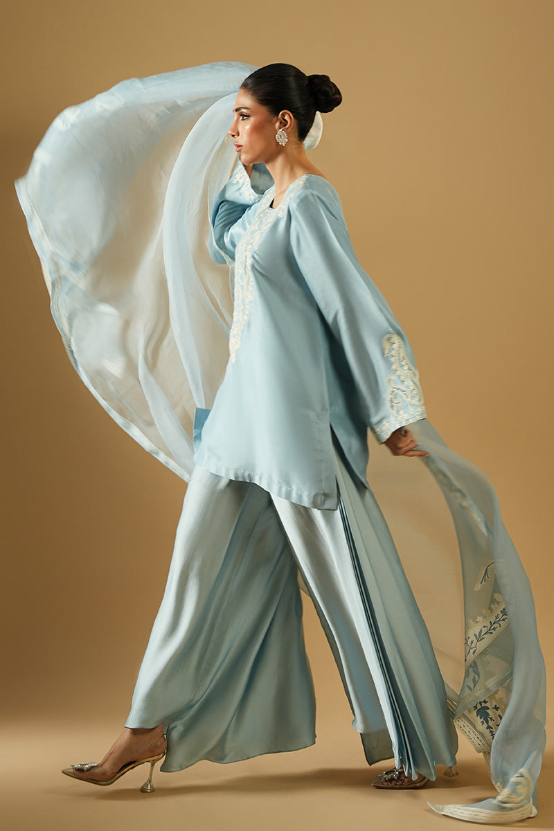 Pakistani Powder Blue Aari Embroidered Satin Silk Salwar Kameez (3-Piece) - Image 5