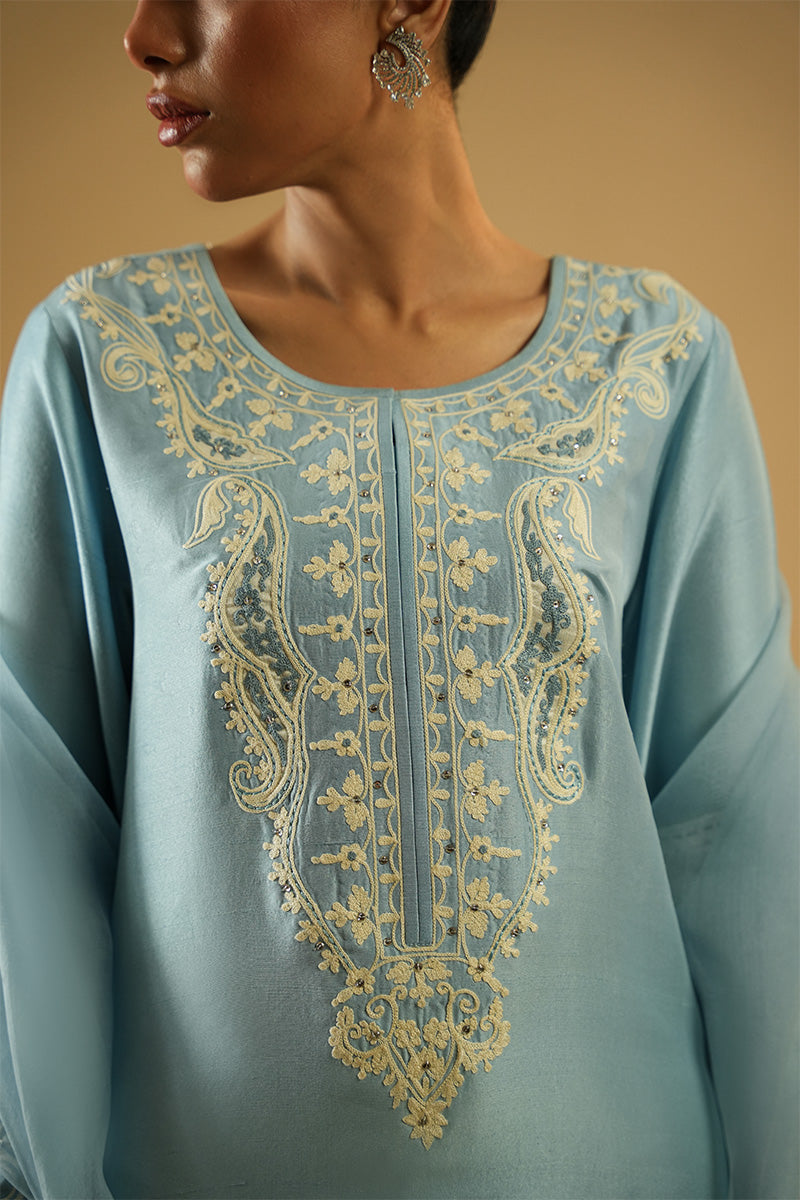 Pakistani Powder Blue Aari Embroidered Satin Silk Salwar Kameez (3-Piece) - Image 7