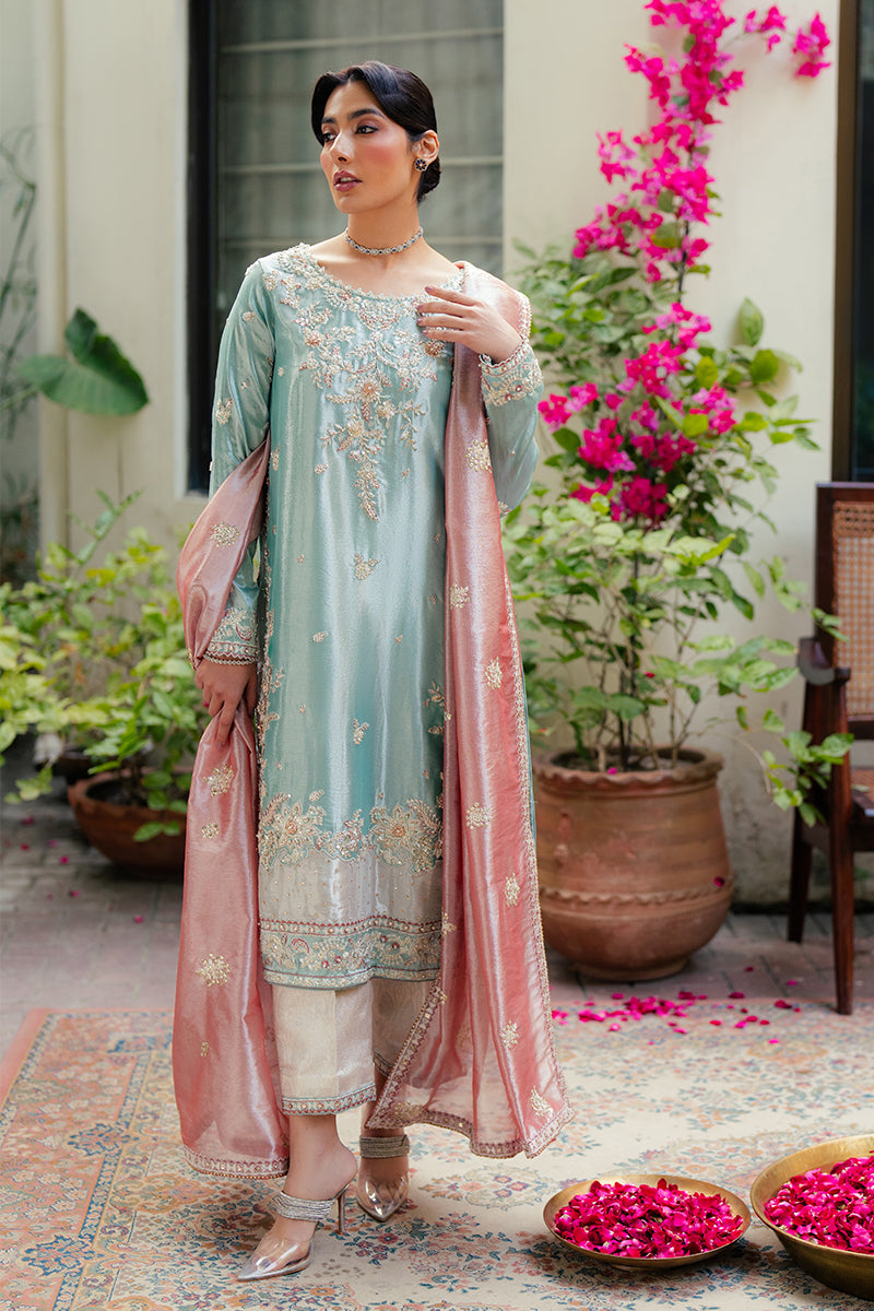 Pakistani Light Blue Zari Embroidered Satin Salwar Kameez (3-Piece) - Image 1