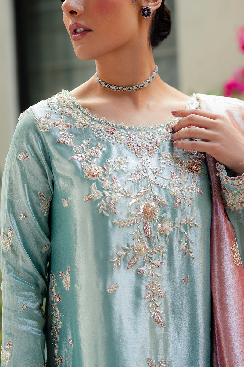 Pakistani Light Blue Zari Embroidered Satin Salwar Kameez (3-Piece) - Image 10
