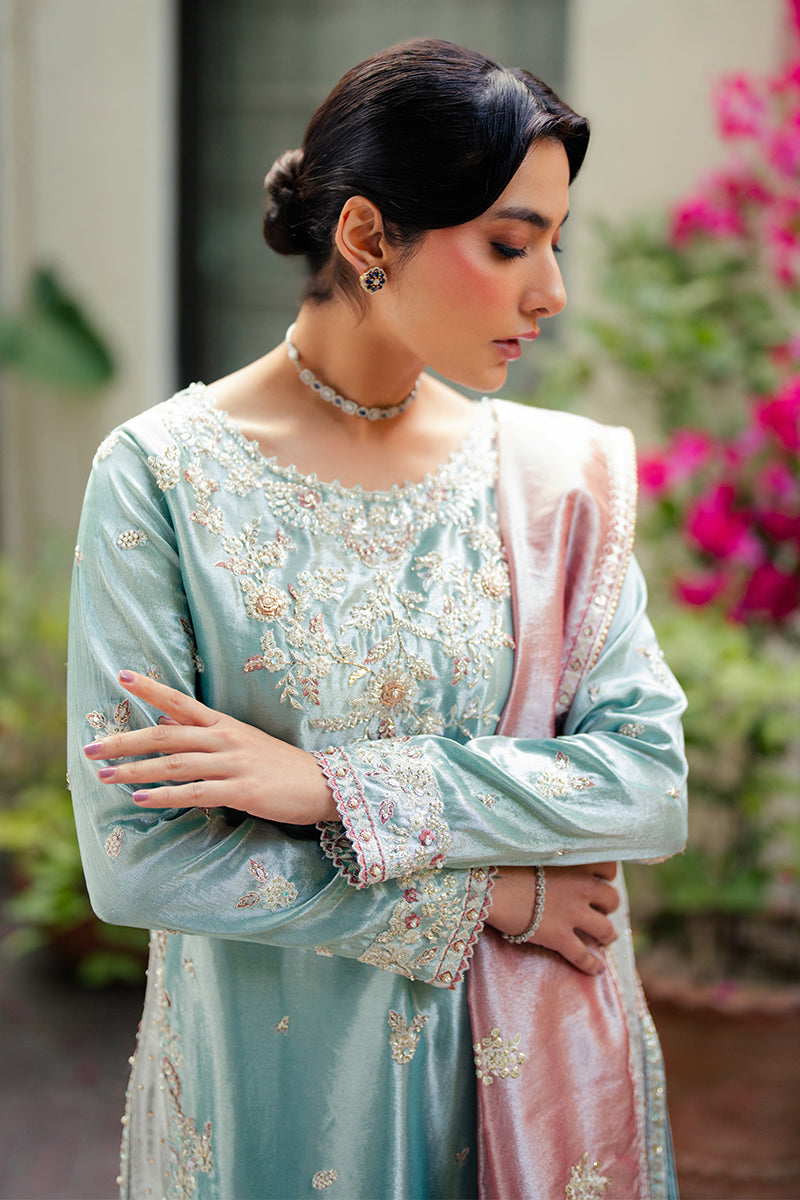 Pakistani Light Blue Zari Embroidered Satin Salwar Kameez (3-Piece) - Image 2