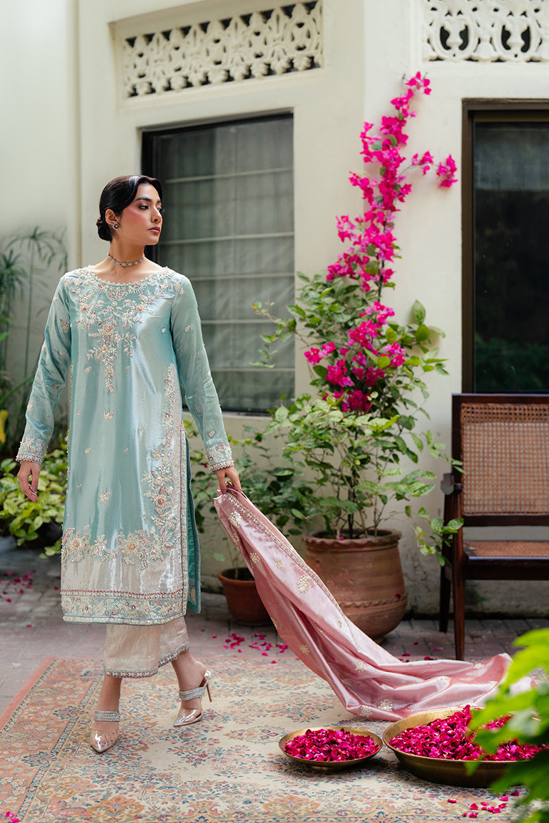 Pakistani Light Blue Zari Embroidered Satin Salwar Kameez (3-Piece) - Image 3