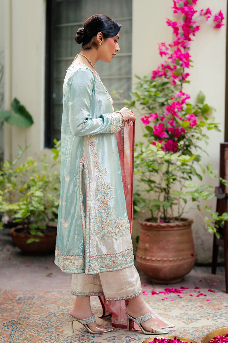 Pakistani Light Blue Zari Embroidered Satin Salwar Kameez (3-Piece) - Image 4