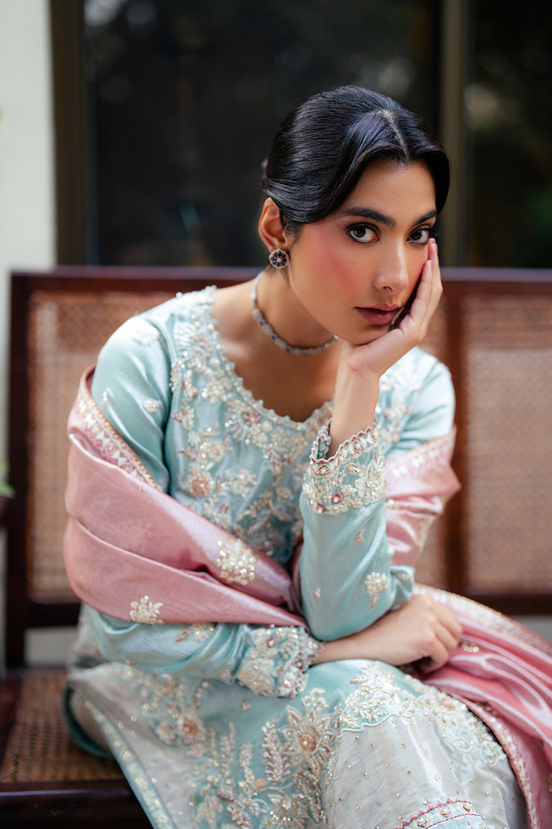 Pakistani Light Blue Zari Embroidered Satin Salwar Kameez (3-Piece) - Image 5