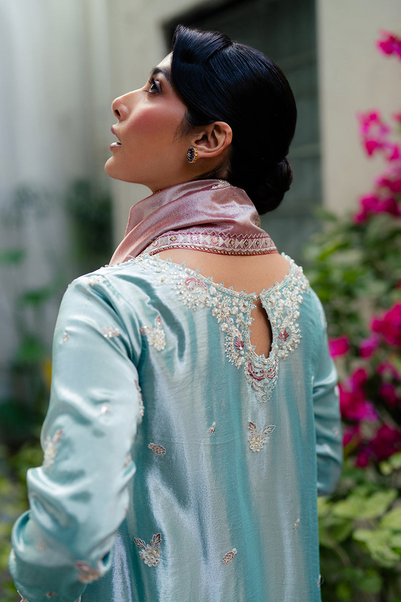 Pakistani Light Blue Zari Embroidered Satin Salwar Kameez (3-Piece) - Image 6