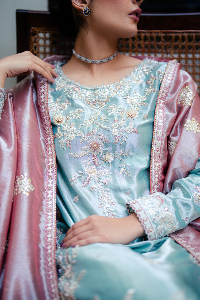 Pakistani Light Blue Zari Embroidered Satin Salwar Kameez (3-Piece) - Image 7