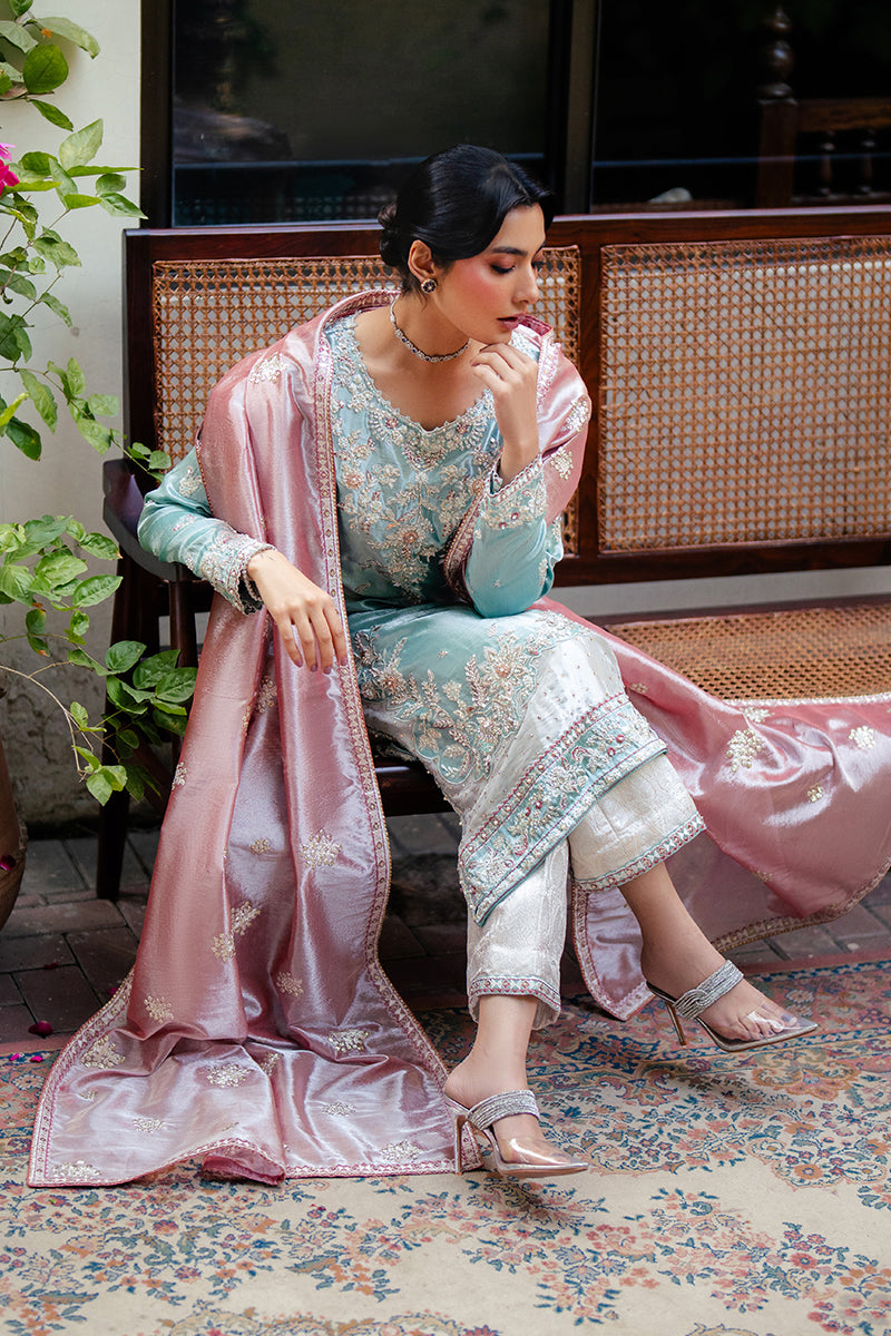 Pakistani Light Blue Zari Embroidered Satin Salwar Kameez (3-Piece) - Image 8