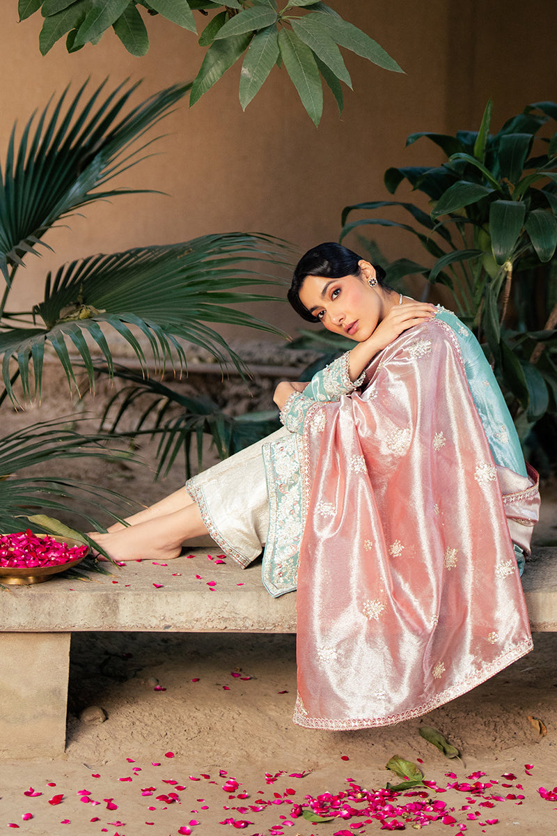 Pakistani Light Blue Zari Embroidered Satin Salwar Kameez (3-Piece) - Image 9