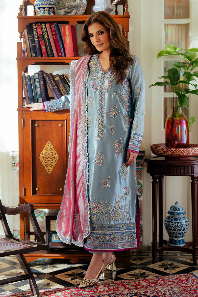Blue Zari Embroidered Satin Kameez (3-Piece) - Image 1