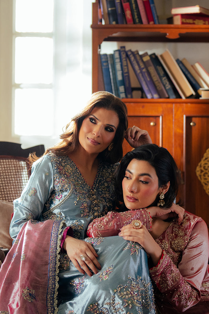 Blue Zari Embroidered Satin Kameez (3-Piece) - Image 12