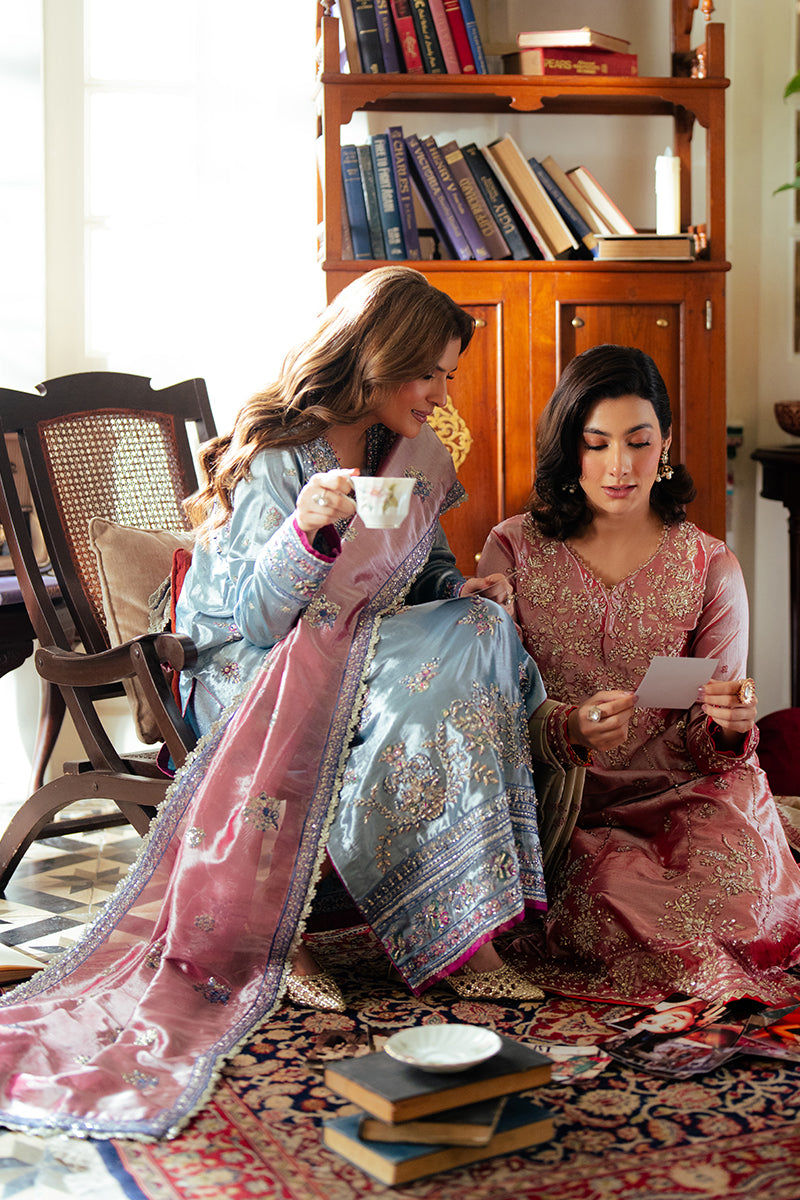 Blue Zari Embroidered Satin Kameez (3-Piece) - Image 16