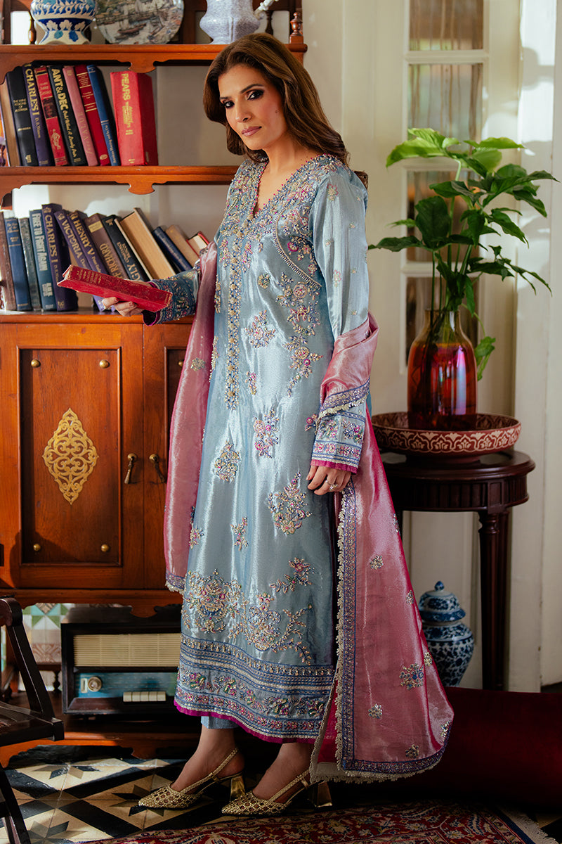 Blue Zari Embroidered Satin Kameez (3-Piece) - Image 3