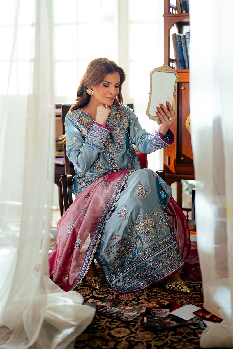 Blue Zari Embroidered Satin Kameez (3-Piece) - Image 4