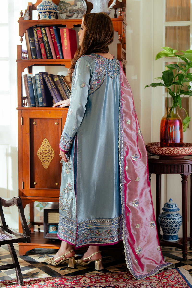 Blue Zari Embroidered Satin Kameez (3-Piece) - Image 5