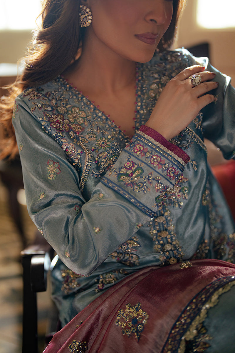 Blue Zari Embroidered Satin Kameez (3-Piece) - Image 9