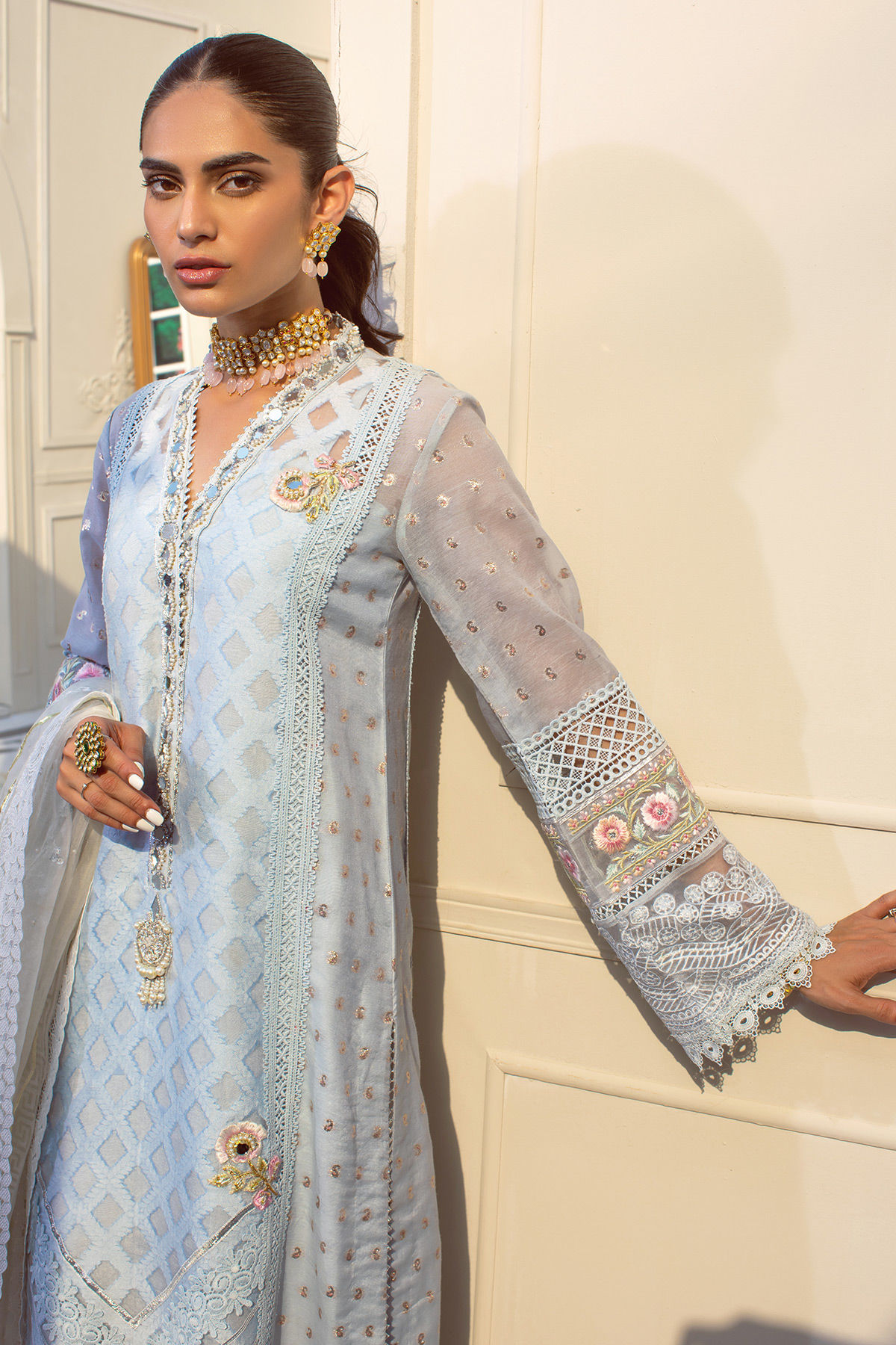 Pakistani Ice Blue Mirror & Zardozi Self-Organza Salwar Kameez (3-Piece) - Image 6