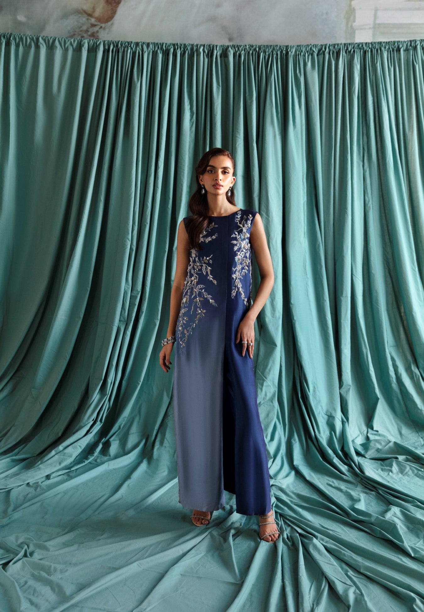 Pakistani Blue Ombre Embroidered Silk-Blend Salwar Kameez (2-Piece) - Image 1