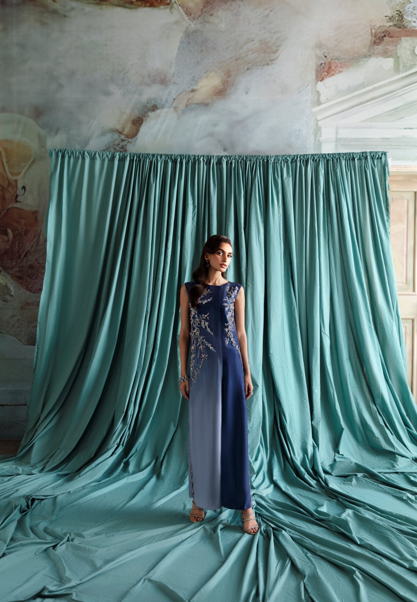 Pakistani Blue Ombre Embroidered Silk-Blend Salwar Kameez (2-Piece) - Image 5