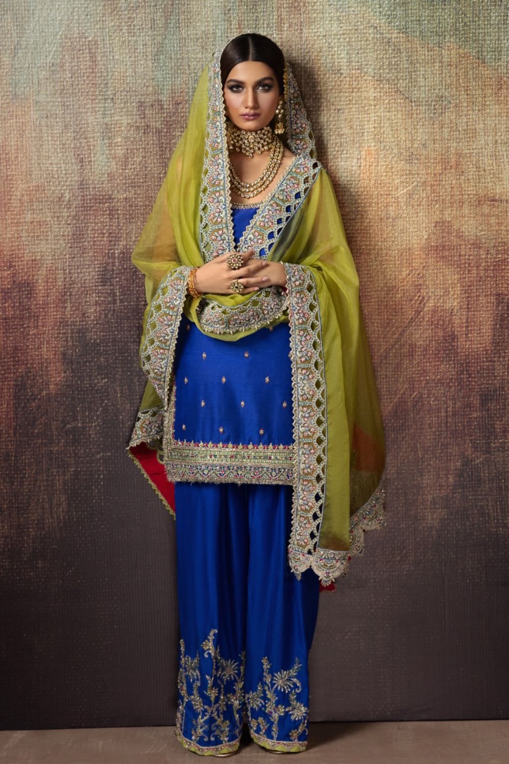 Azure Blue Embroidered Silk-Blend Salwar Kameez (3-Piece) - Image 1