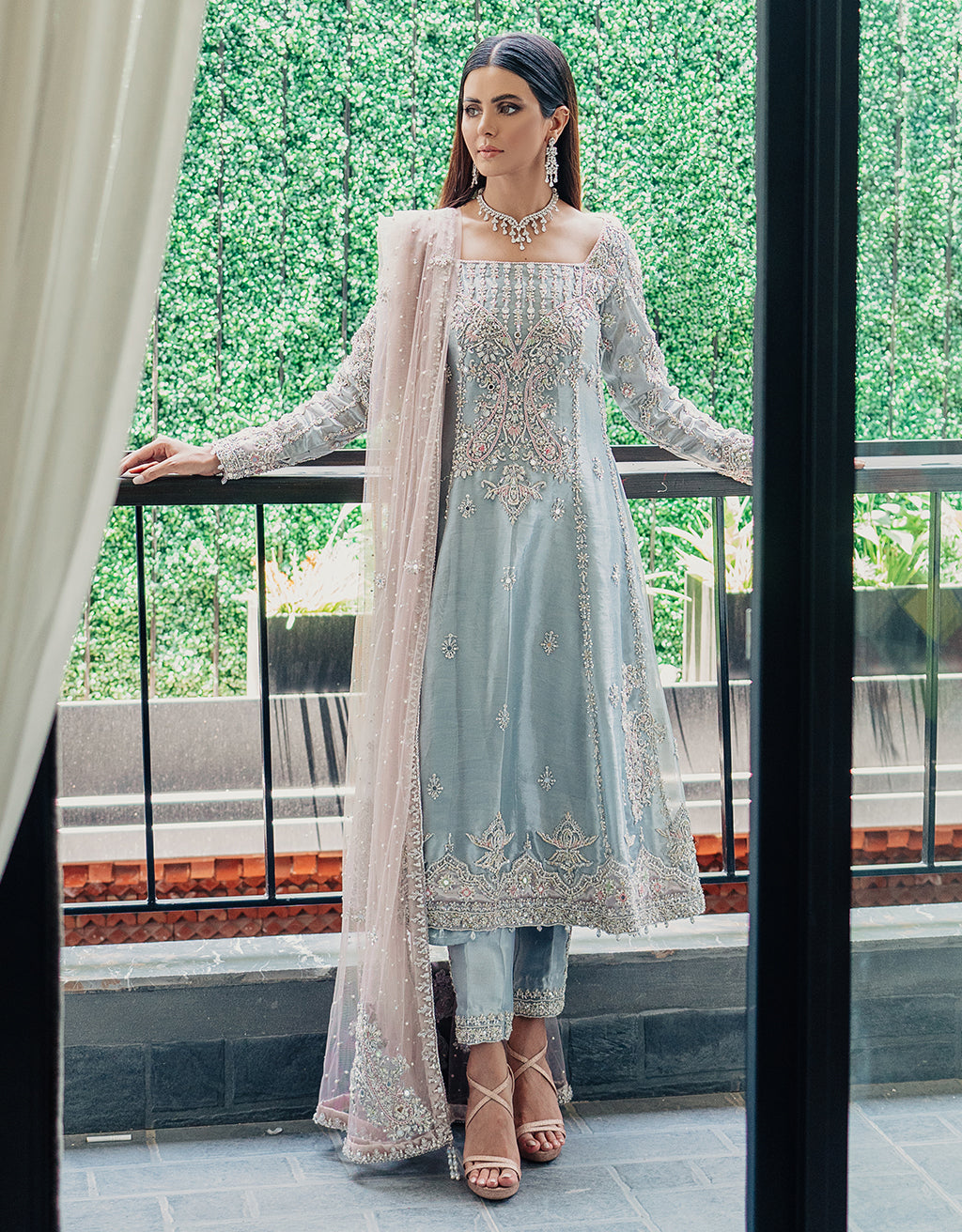 Pakistani Ice Blue Embroidered Silk-Blend Salwar Kameez (3-Piece) - Image 1