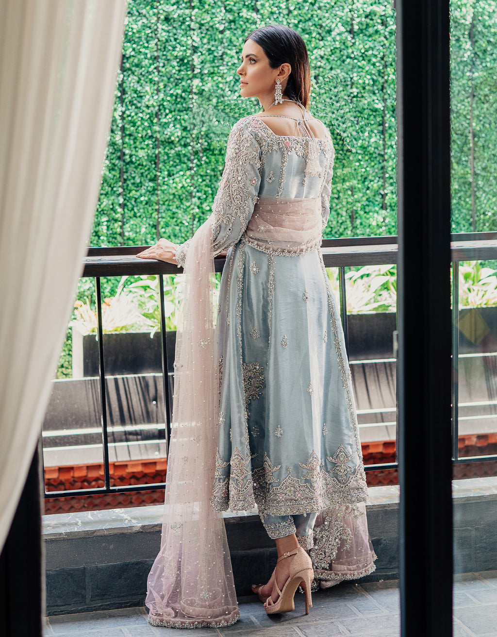 Pakistani Ice Blue Embroidered Silk-Blend Salwar Kameez (3-Piece) - Image 2