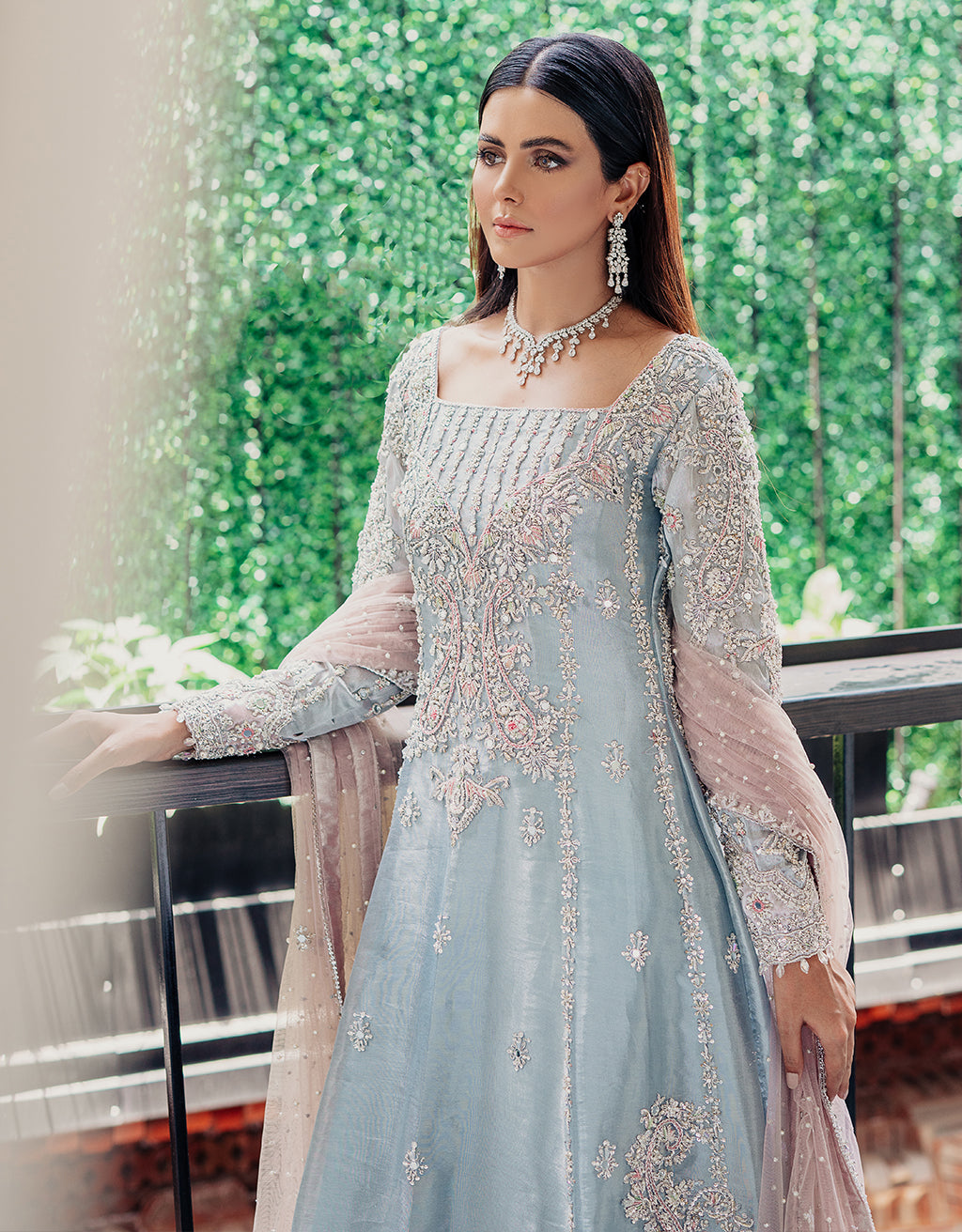 Pakistani Ice Blue Embroidered Silk-Blend Salwar Kameez (3-Piece) - Image 3