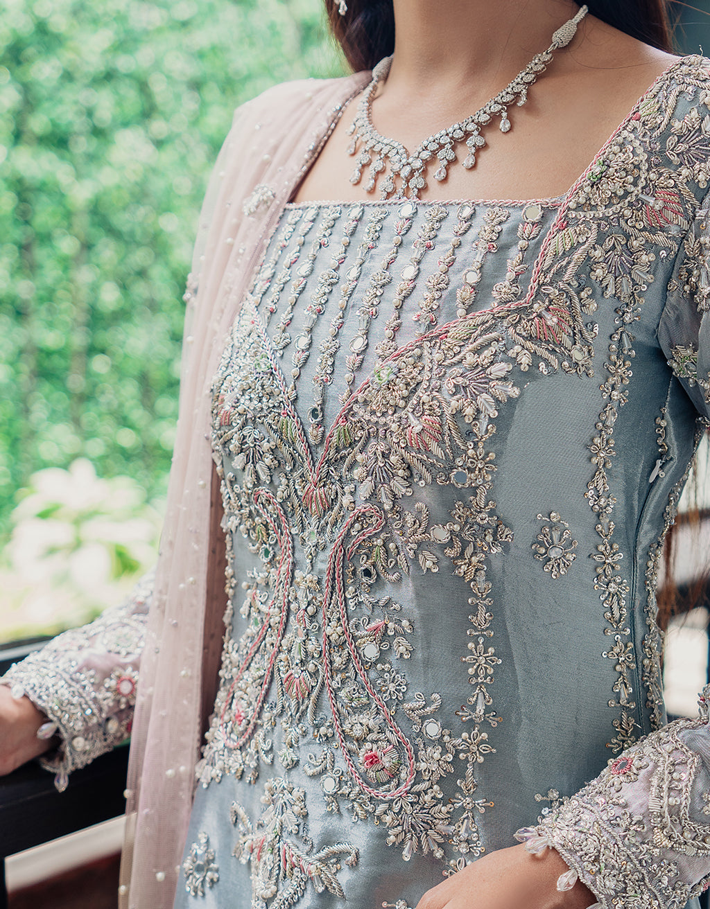 Pakistani Ice Blue Embroidered Silk-Blend Salwar Kameez (3-Piece) - Image 4