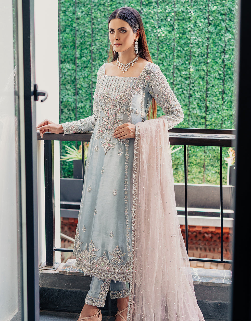 Pakistani Ice Blue Embroidered Silk-Blend Salwar Kameez (3-Piece) - Image 5