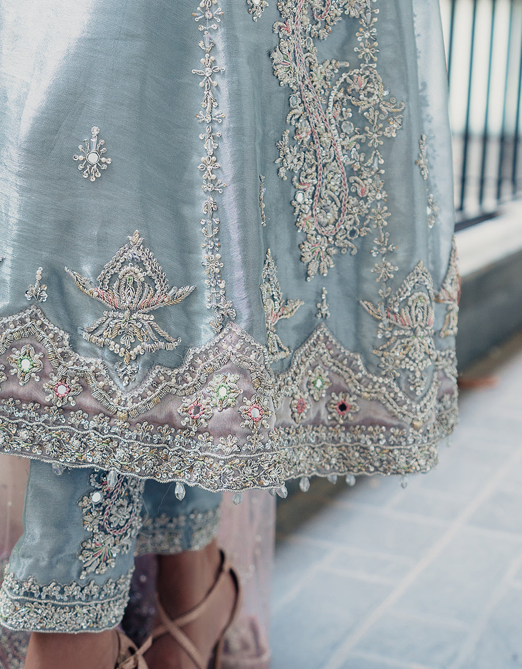 Pakistani Ice Blue Embroidered Silk-Blend Salwar Kameez (3-Piece) - Image 6