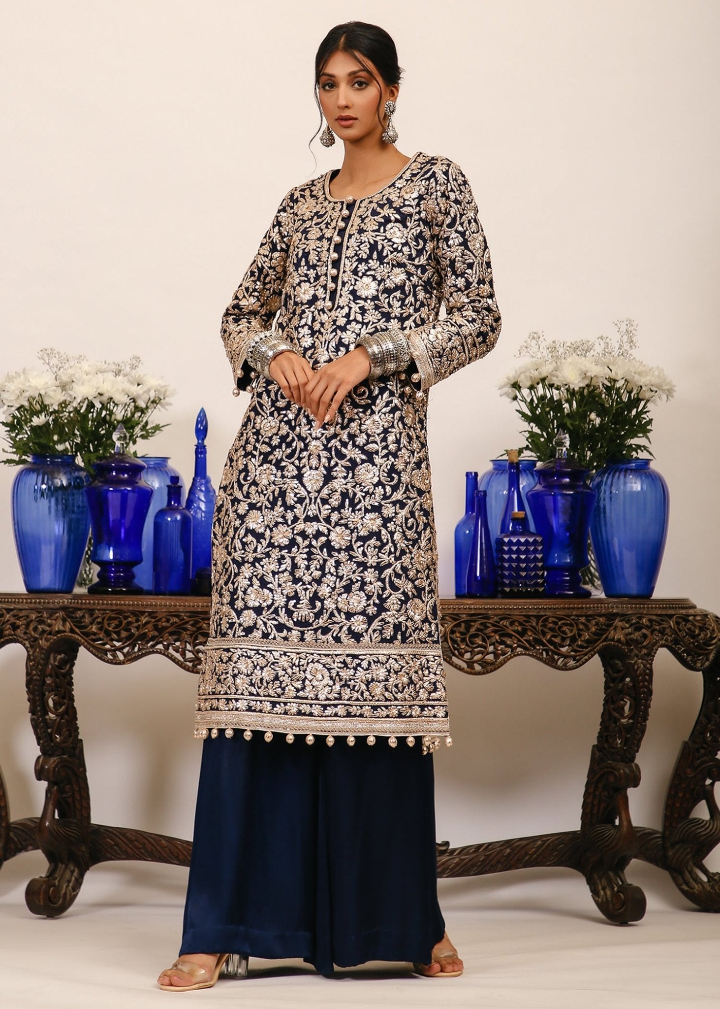 Pakistani Midnight Blue Gota Pani Silk Kurta (1-Pc) - Image 1