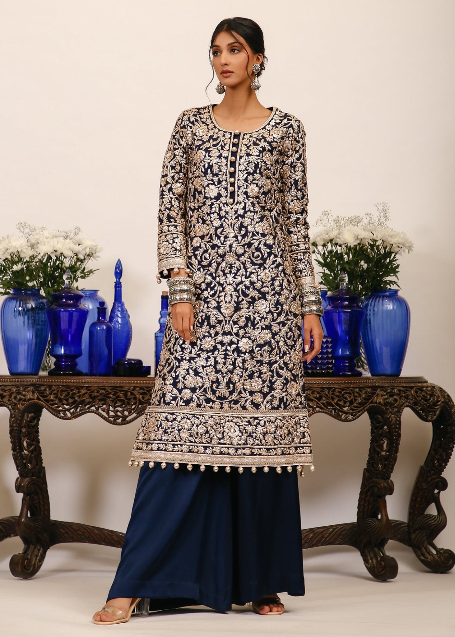 Pakistani Midnight Blue Gota Pani Silk Kurta (1-Pc) - Image 2