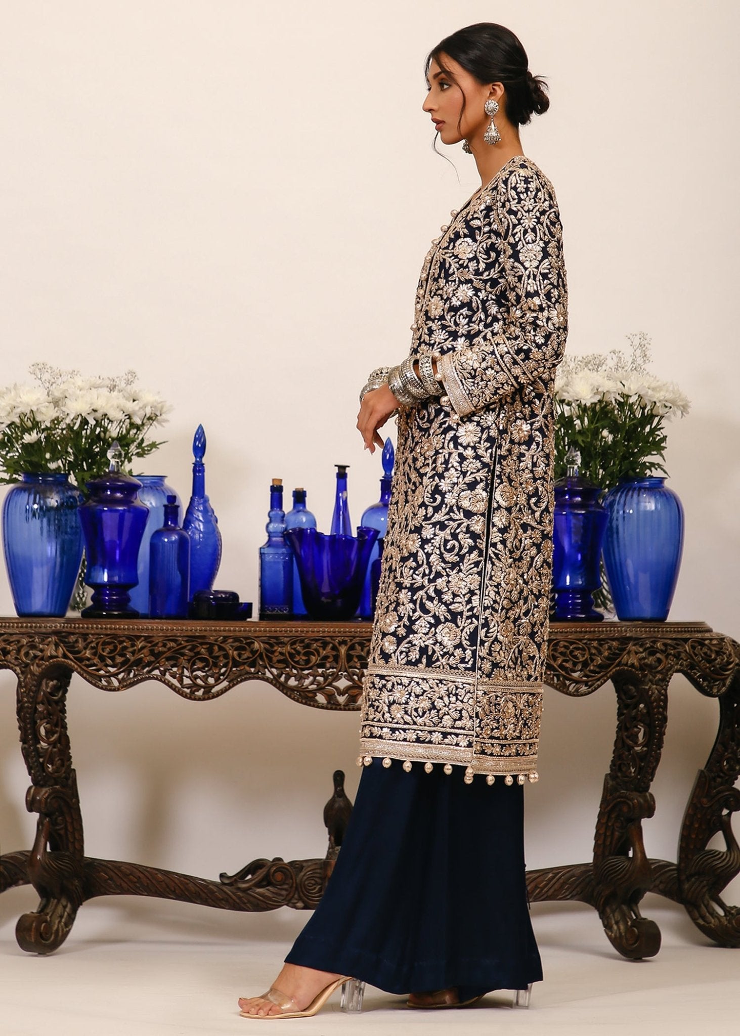 Pakistani Midnight Blue Gota Pani Silk Kurta (1-Pc) - Image 3