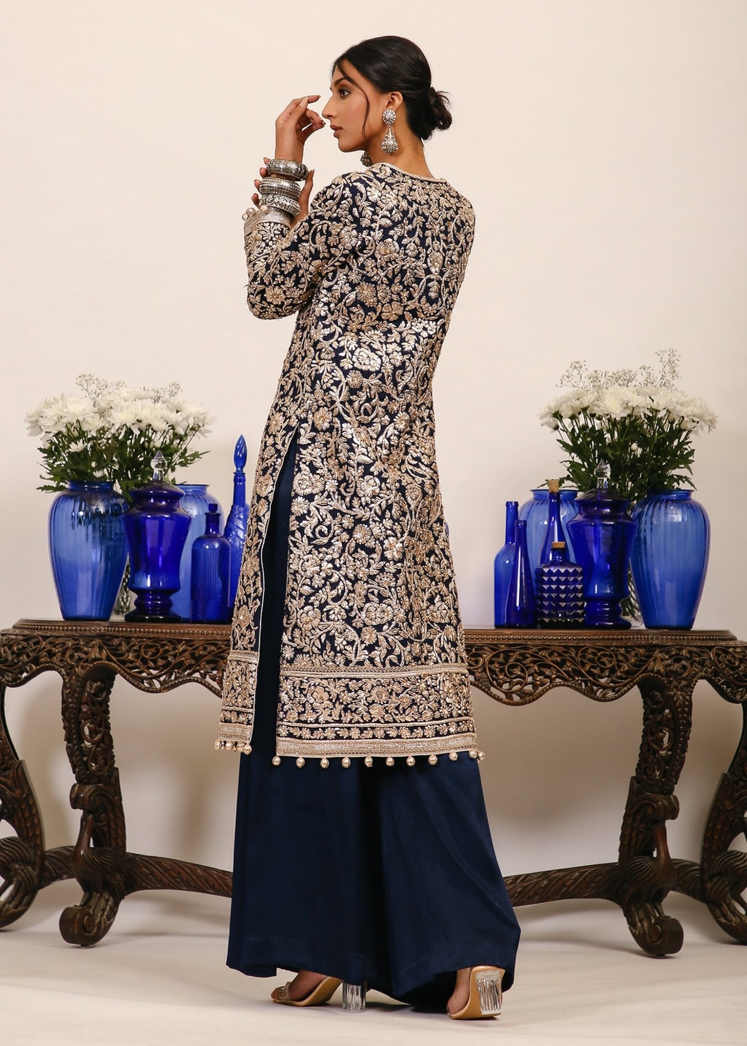 Pakistani Midnight Blue Gota Pani Silk Kurta (1-Pc) - Image 4