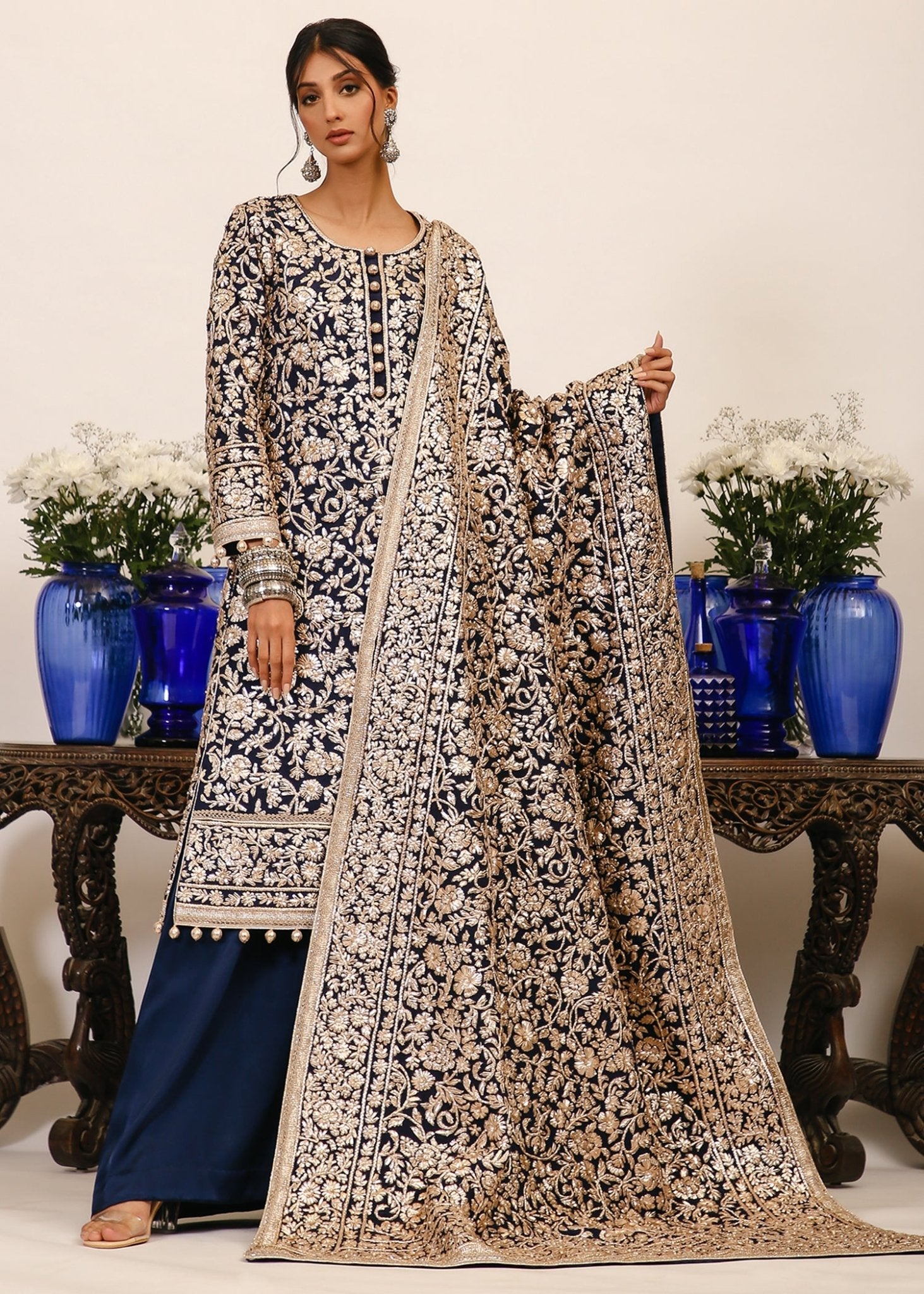 Midnight Blue Gota Pani Silk Salwar Kameez (3-Piece) - Image 1