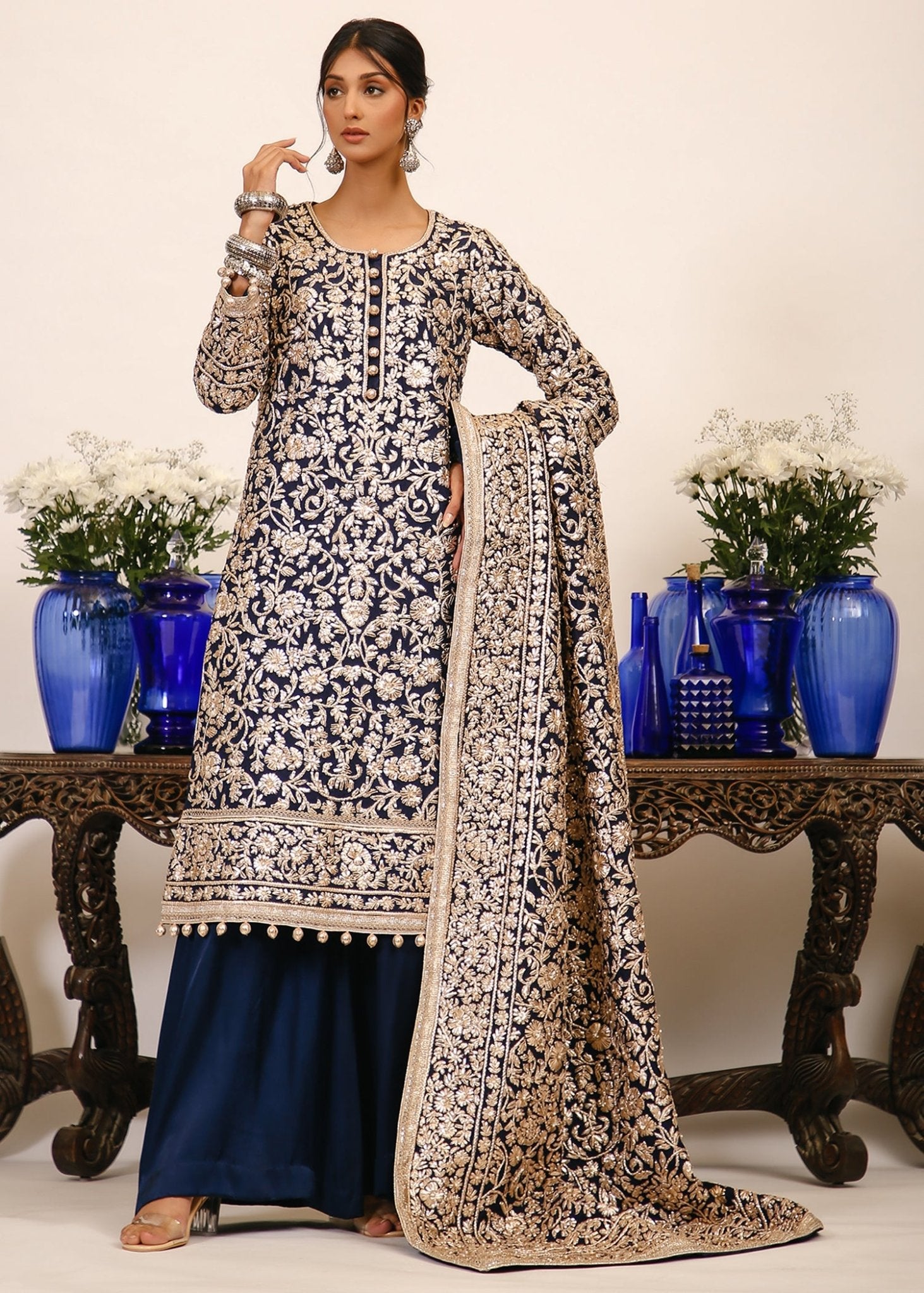 Midnight Blue Gota Pani Silk Salwar Kameez (3-Piece) - Image 2