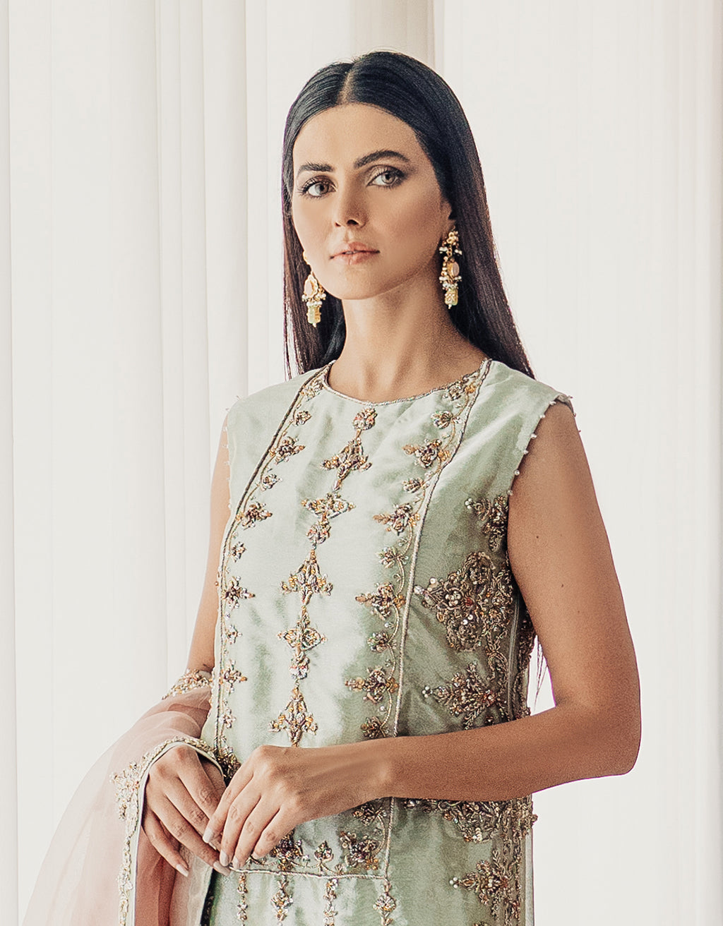 Ice Blue Hand-Embroidered Silk Salwar Kameez (3-Piece) - Image 2