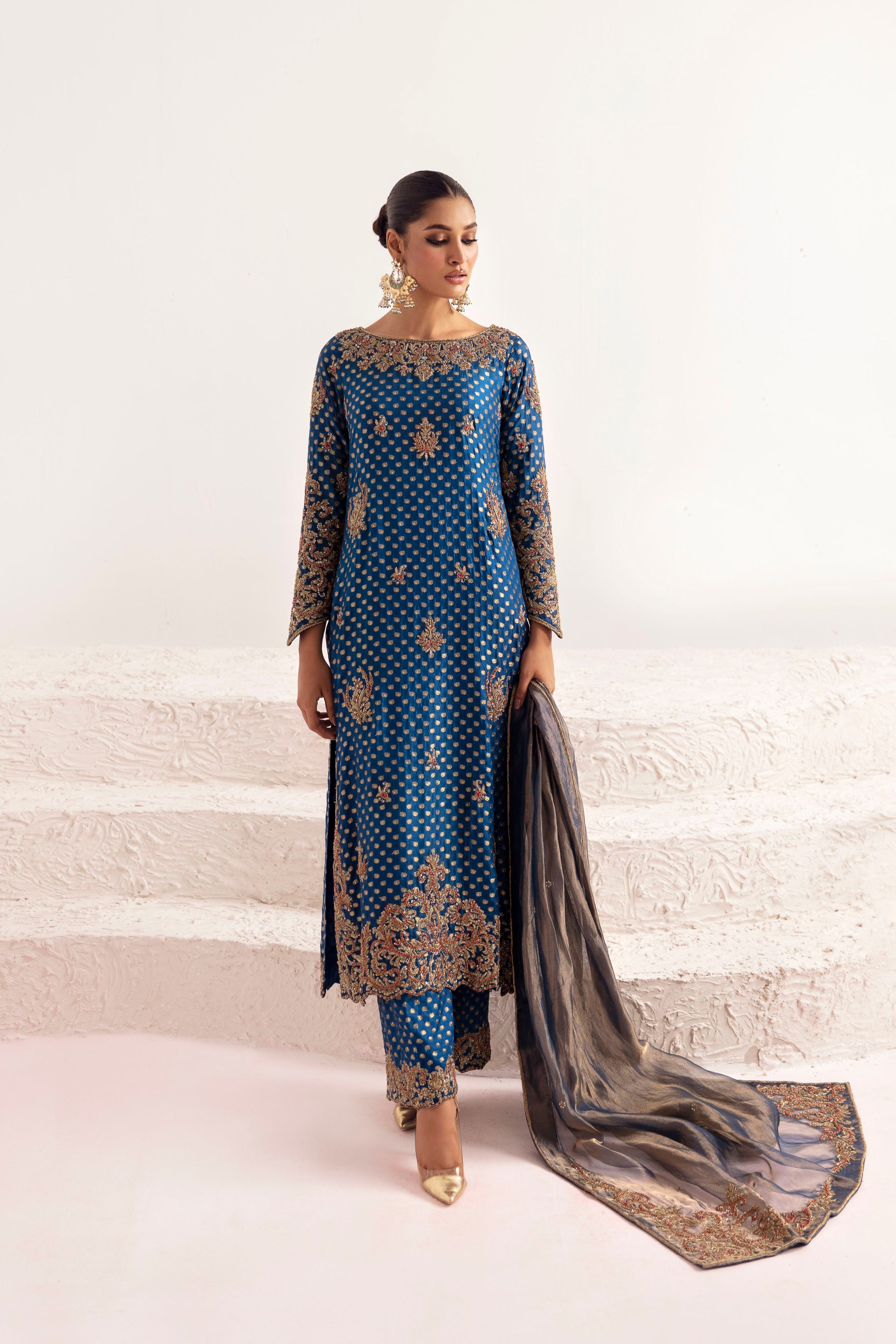Pakistani Mazarine Blue Zardozi Silk Zari Jamawar Salwar Kameez (3-Piece) - Image 1