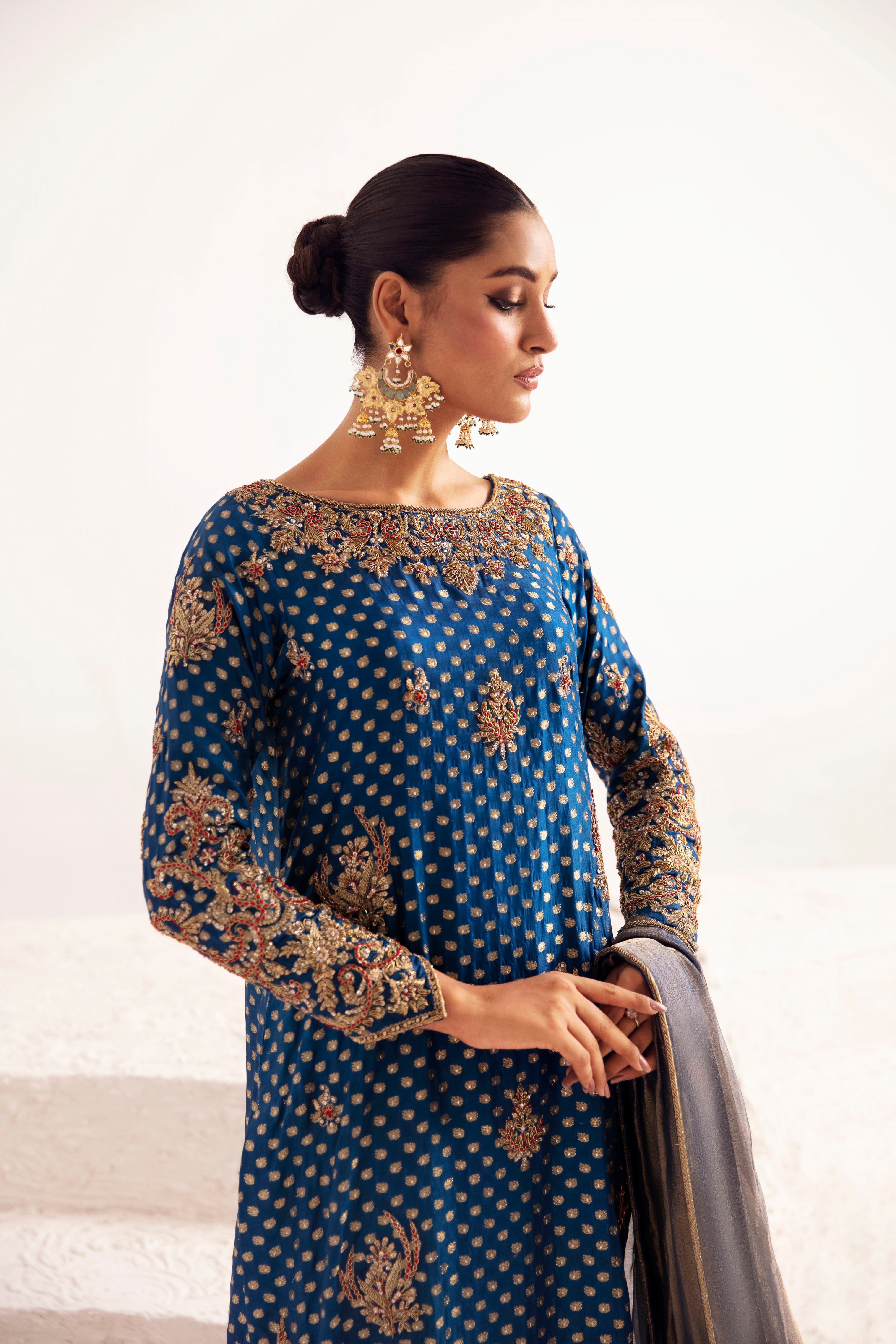 Pakistani Mazarine Blue Zardozi Silk Zari Jamawar Salwar Kameez (3-Piece) - Image 3