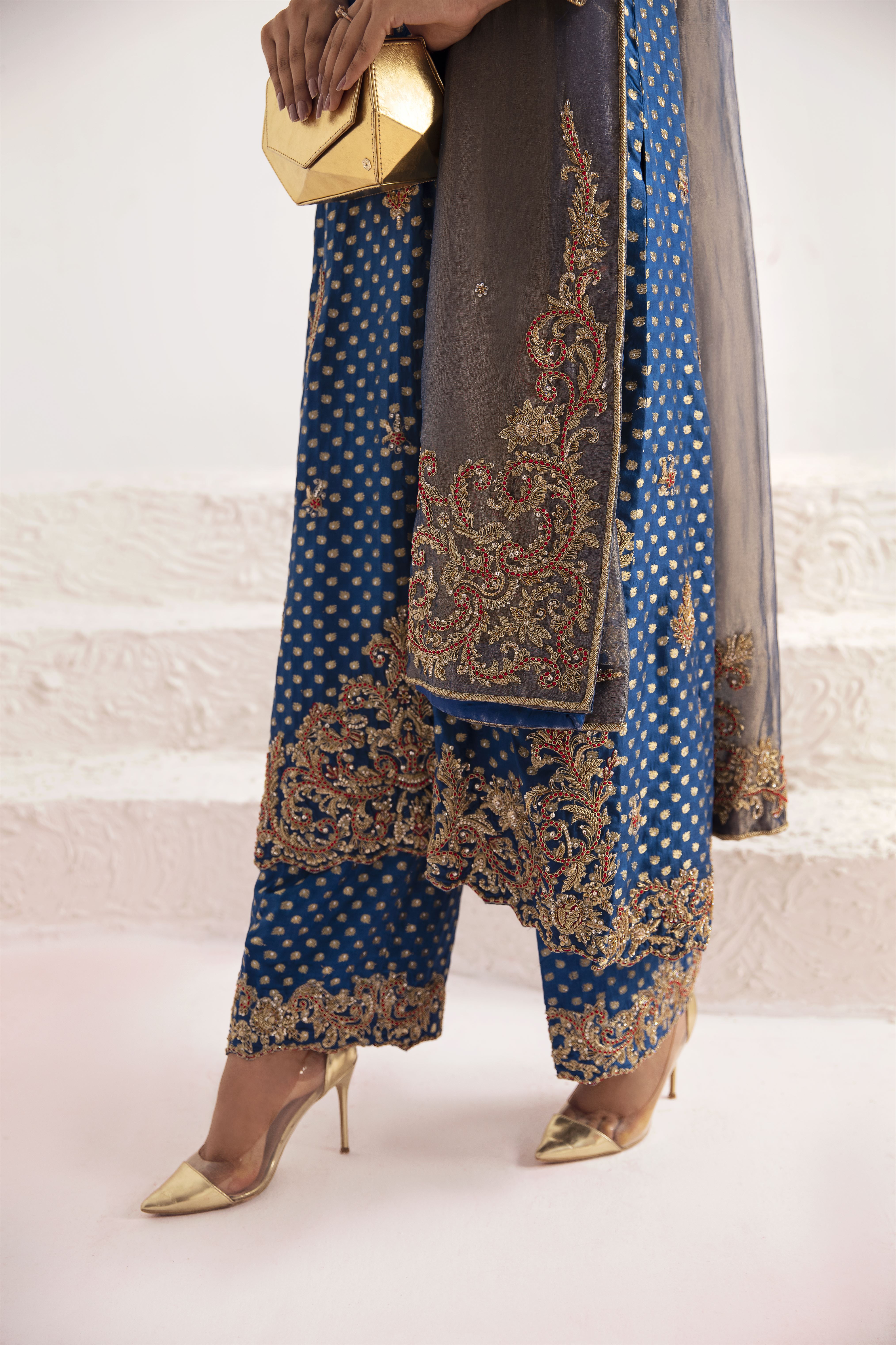 Pakistani Mazarine Blue Zardozi Silk Zari Jamawar Salwar Kameez (3-Piece) - Image 5