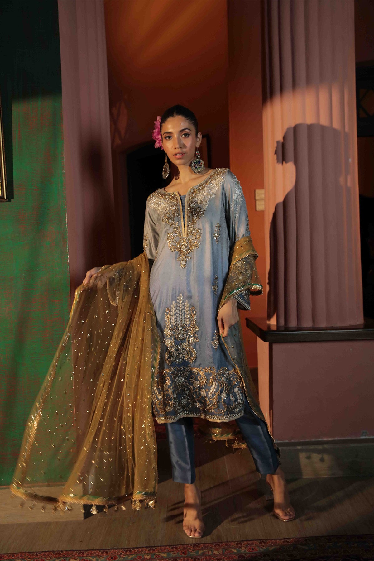 Pakistani Pastel Blue Embroidered Silk Salwar Kameez (3-Piece) - Image 1